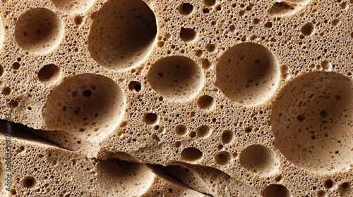 Macro closeup of beige natural sponge porous holes, honeycomb mesh absorbent material texture, soft neutral abstract textured design backdrop