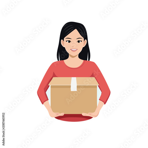Woman holding cardboard box flat vector illustration