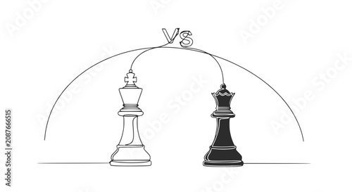 Photos King and Queen chess pieces, continuous line drawing, rivalry concept