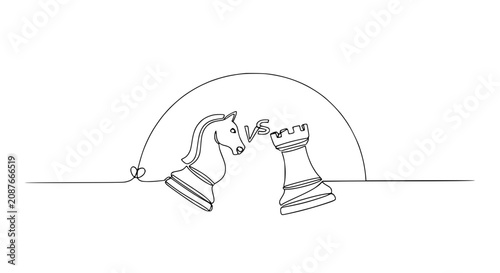 Картината върху платно Chess Knight vs Rook Single Line Drawing, Competition Concept