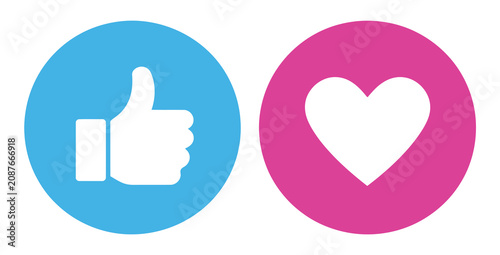 Like and Love Icon Buttons Featuring Thumbs Up and Heart Symbols for Social Media, Notifications, and User Reactions