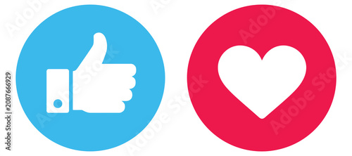 Like and Love Icon Buttons with Heart and Thumbs Up Symbols for Social Media, Favorites, Approval, and Engagement Design