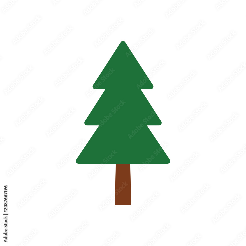 Fototapeta premium Stylized green pine tree with a brown trunk, isolated on a white background, simple graphic element