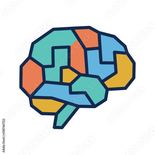 Foto Stylized geometric brain illustration with colorful segments and dark outline, r