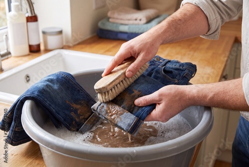 Person Hand Washing Muddy Denim Jeans in a Basin with a Scrub Brush