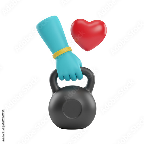 Stylized 3d cartoon hand with yellow wristband gripping a black iron kettlebell with a floating glossy red heart icon against a transparent studio background healthy lifestyle concept