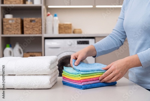 Person Folding Colorful Microfiber Cleaning Cloths in Laundry Room