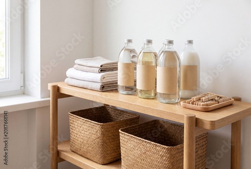 Eco Friendly Cleaning Supplies with Glass Bottles and Linen Towels on Wooden Shelf