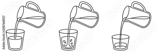 Pouring Water Line Art Vector Illustration Showing Jug to Glass Hydration Sequence in Three Stages for Healthy Drinking Concepts