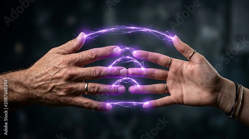 Two human hands reaching toward each other with glowing purple electric energy arcs between fingers and silver rings.
