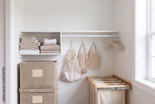 Modern Organized Laundry Room Closet with Shelving and Storage Baskets