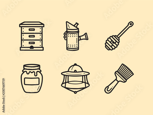 Collection of beekeeping tools and supplies icons