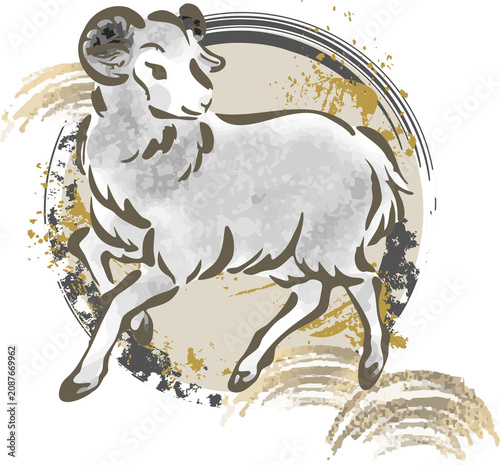 年賀2027　未年　干支　羊　ひつじ　動物　墨絵　水墨画　水彩　手描き　和風　イラスト　年賀状素材