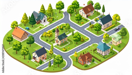 Isometric Neighborhood Illustration - Houses, Trees, and Roads in a Community.