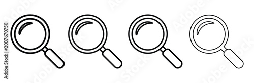 Magnifying Glass Icons Featuring Black Linear Vector Designs for Search Tools, User Interface, Navigation, and Graphic Design