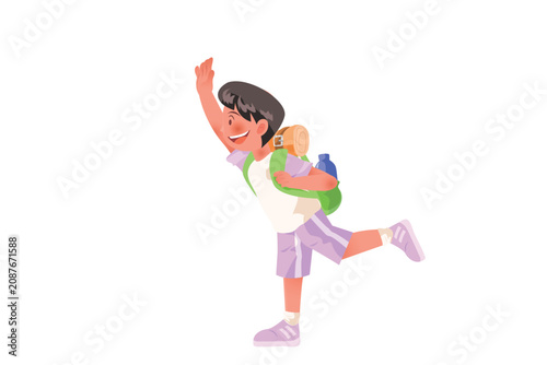 Boy hiker waving hand with backpack outdoor recreation