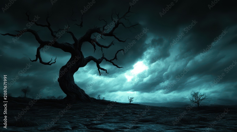 Fototapeta premium A dark, eerie landscape with twisted, leafless trees beneath a stormy sky evokes a haunting atmosphere.