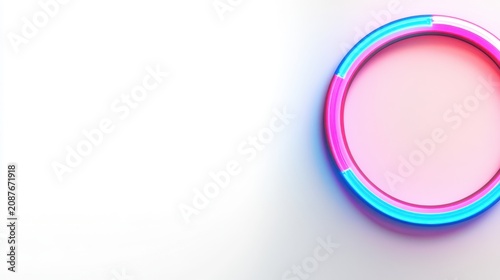 A glowing neon circular ring with alternating blue and pink segments rests on a light surface, casting subtle colorful reflections against an empty white background.