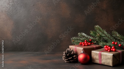 Two wrapped gifts with red ribbons, a pine cone, sprigs of pine with red berries, and a red Christmas ornament rest on a dark textured surface with a brown background.