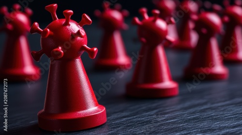 Red game pieces resembling virus particles rest on a dark surface, symbolizing contagion.