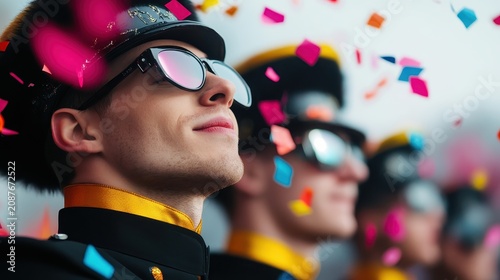 A group of young men in matching ceremonial uniforms and sunglasses joyfully celebrate amidst falling confetti.