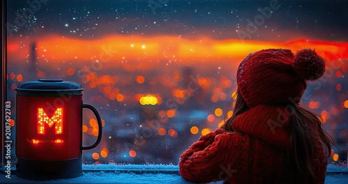 Cozy winter evening window scene with glowing mug and city lights