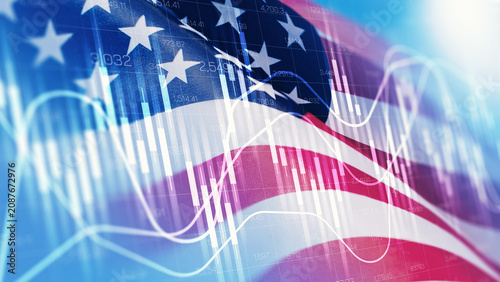 Fotografie Chart showing money trends against the backdrop of the American flag during fina