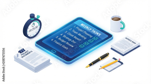  Isometric business productivity vector illustration with digital tablet checklist and office workspace assets