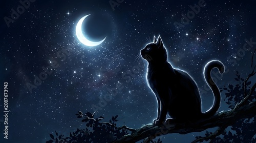 Black cat sitting on a tree branch under a crescent moon and starry night sky
