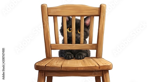 A cute black kitten sitting behind a wooden chair looking through the slats