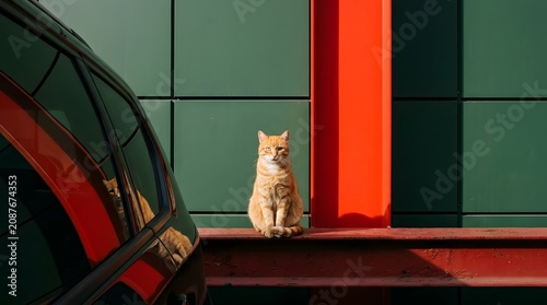 Orange tabby cat sitting on a red steel beam against a green paneled wall