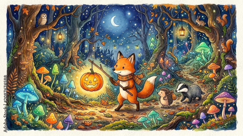 Fototapeta premium Little Fox with Pumpkin Lantern in Glowing Mushroom Forest