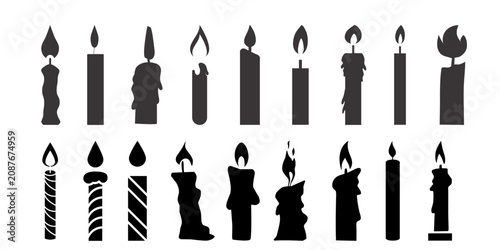 Photos Set of burning candle silhouettes vector icons.