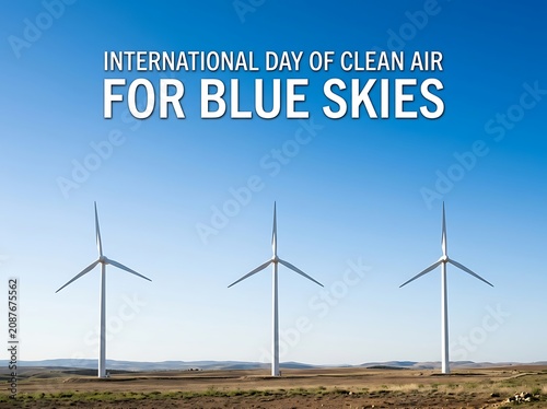 Three wind turbines generating renewable energy under clear blue skies for clean air awareness campaign