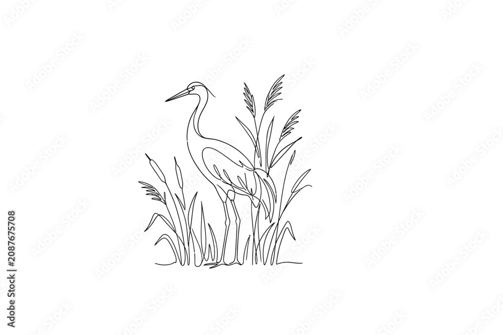 Fototapeta premium A minimalist line art drawing of a graceful heron standing among tall reeds.