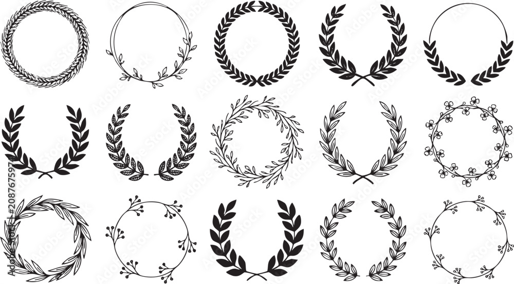 Fototapeta premium Minimalist Laurel Wreath and Circular Foliage Frame Vector Collection