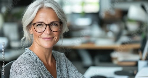 Mature woman smiling confidently in office setting