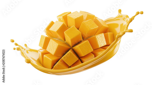 A ripe mango fruit cut into small uniform cubes, arranged in a heap, surrounded by a thick, creamy, yellow mango juice splash, black background