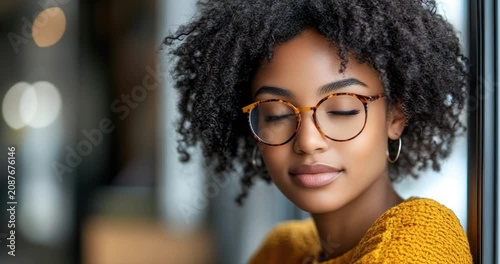 Woman wearing glasses smiling indoors casual style