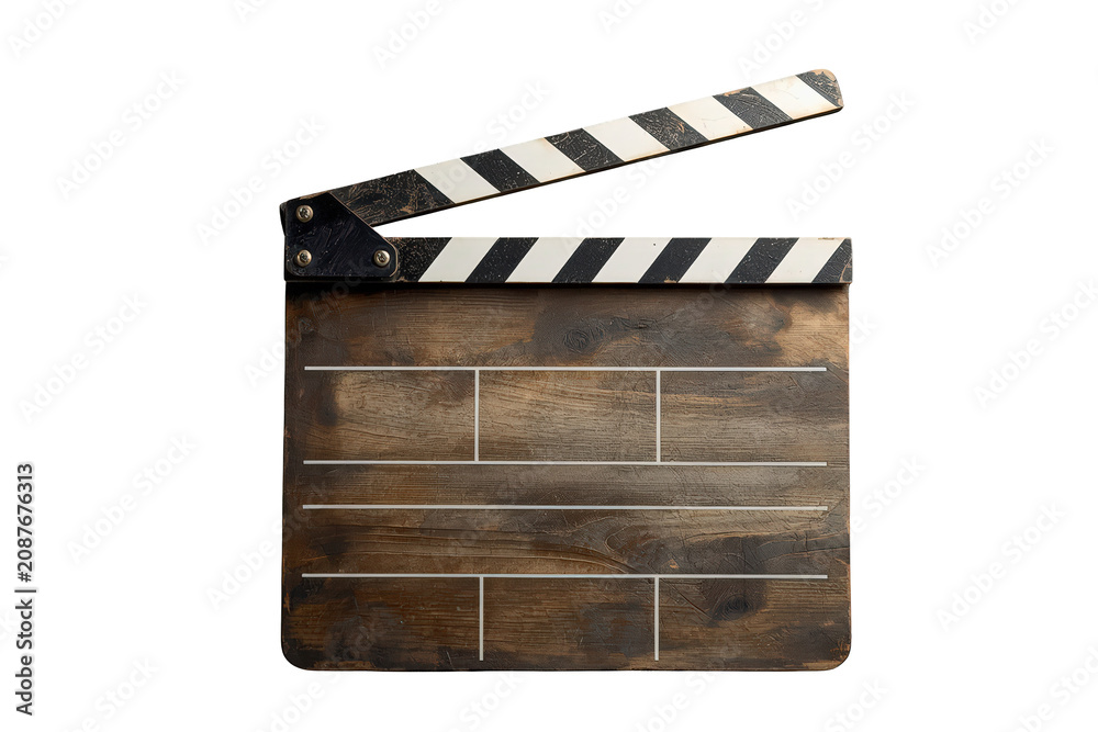 Fototapeta premium Wooden clapperboard opening, representing film making, directing, and cinema production. Transparent background provided for easy use