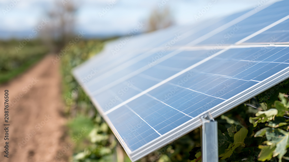 Fototapeta premium Solar panels shine brightly amidst a verdant agricultural field on a sunny day, highlighting sustainable energy and eco-friendly technology