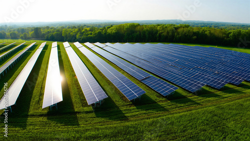 Foto Sunlit solar array in a wide green field, showcasing a sustainable energy produc