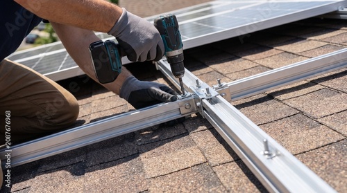 Technician Installing Aluminum Mounting Rails for Rooftop Solar Panels