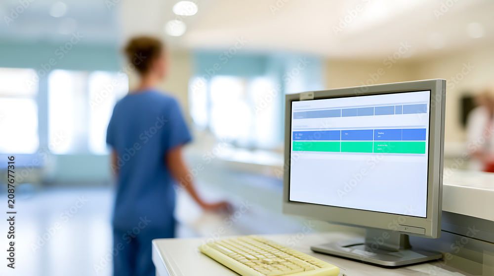 Fototapeta premium Modern medical facility monitor screen with blurred healthcare worker in uniform, clean hospital environment, focus on technology and care