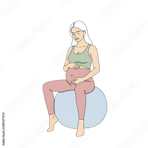 Minimalist line art of a pregnant woman sitting on a yoga ball in a tank top with hands on her belly against a white backdrop concept of prenatal wellness and calm