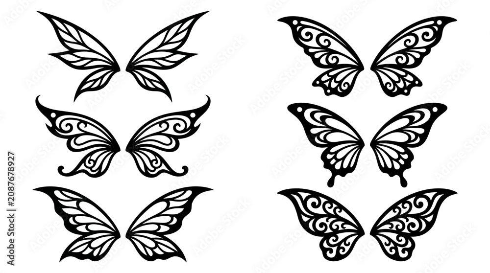 Fototapeta premium Set of Decorative Ornate Butterfly and Fairy Wing Vector Illustrations