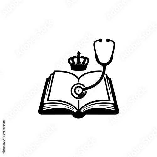 A creative black and white icon depicting a stethoscope listening to an open book with a regal crown resting on top, symbolizing the intersection of medical knowledge and wisdom.
