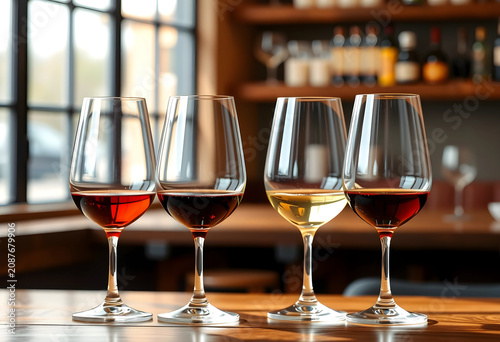 Four wine glasses with red ...