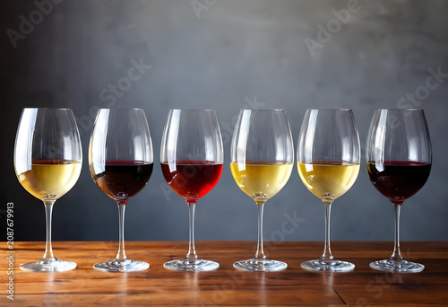 Seven wine glasses with red...