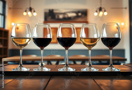 Five wine glasses with red ...